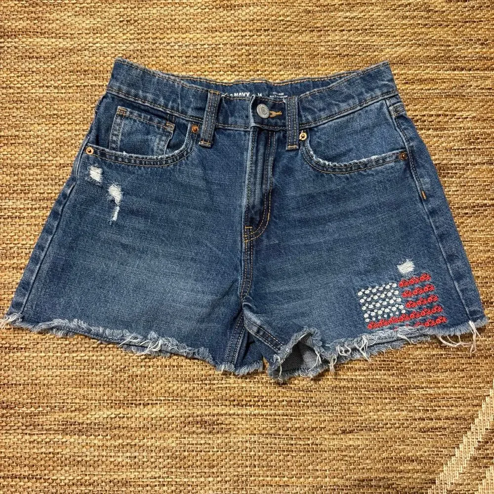 Old Navy Girls High-Rise American Flag Cutoff Denim Shorts Size 14